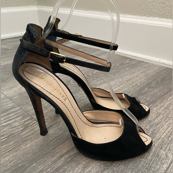 Emelio Pucci Black Textured Heel Suede Leather Ankle Strap Peep Toe Heels SZ39.5 - Picture 1 of 12